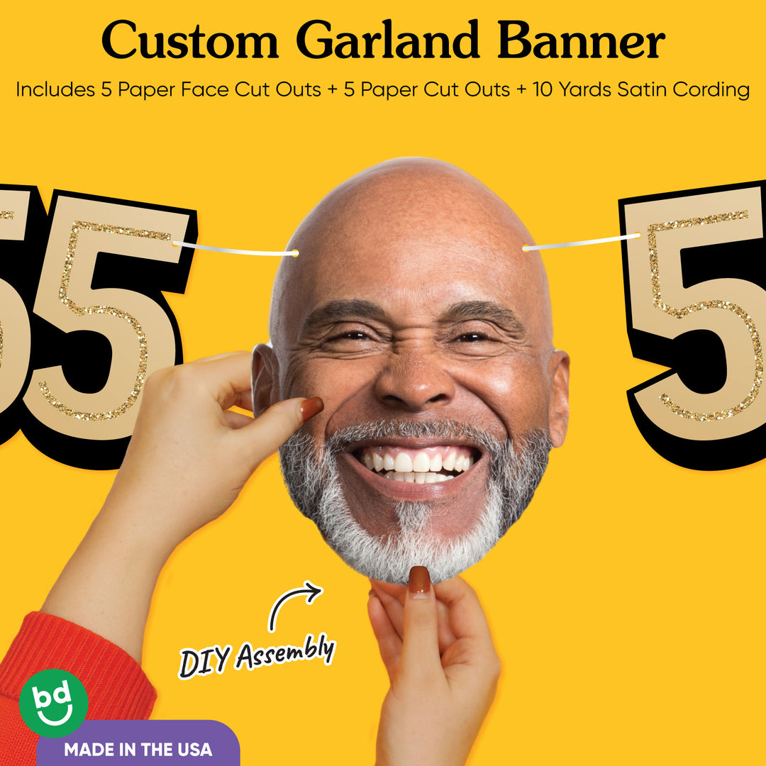 Cardstock finish and satin string on 55th birthday face banner