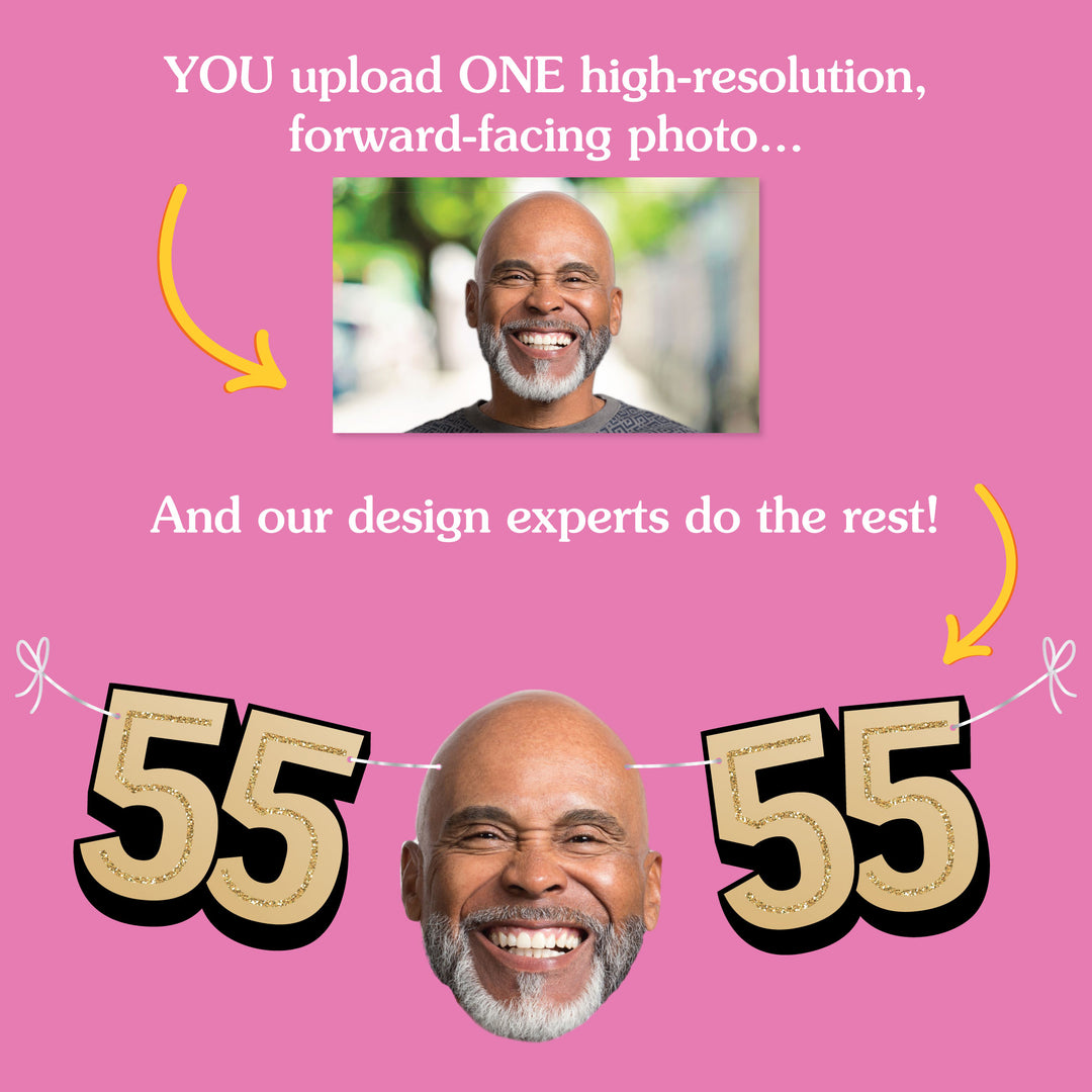 Upload one photo for custom 55th birthday fun face banner