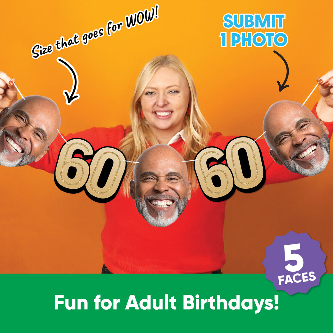 Personalized 60th birthday garland banner with custom face photo cutouts and party décor.
