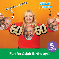 Personalized 60th birthday garland banner with custom face photo cutouts and party décor.