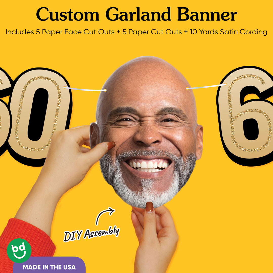 60th birthday party custom face banner with oversized cutouts and black & gold theme.