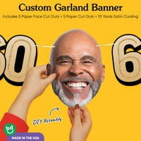 60th birthday party custom face banner with oversized cutouts and black & gold theme.