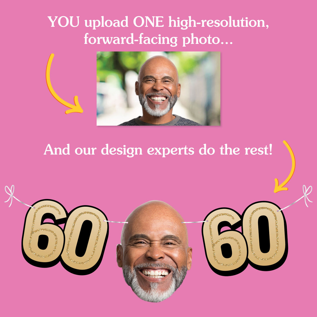 Milestone 60th birthday celebration garland banner featuring custom photo faces and decorative shapes
