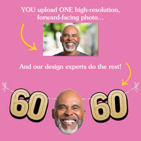 Milestone 60th birthday celebration garland banner featuring custom photo faces and decorative shapes