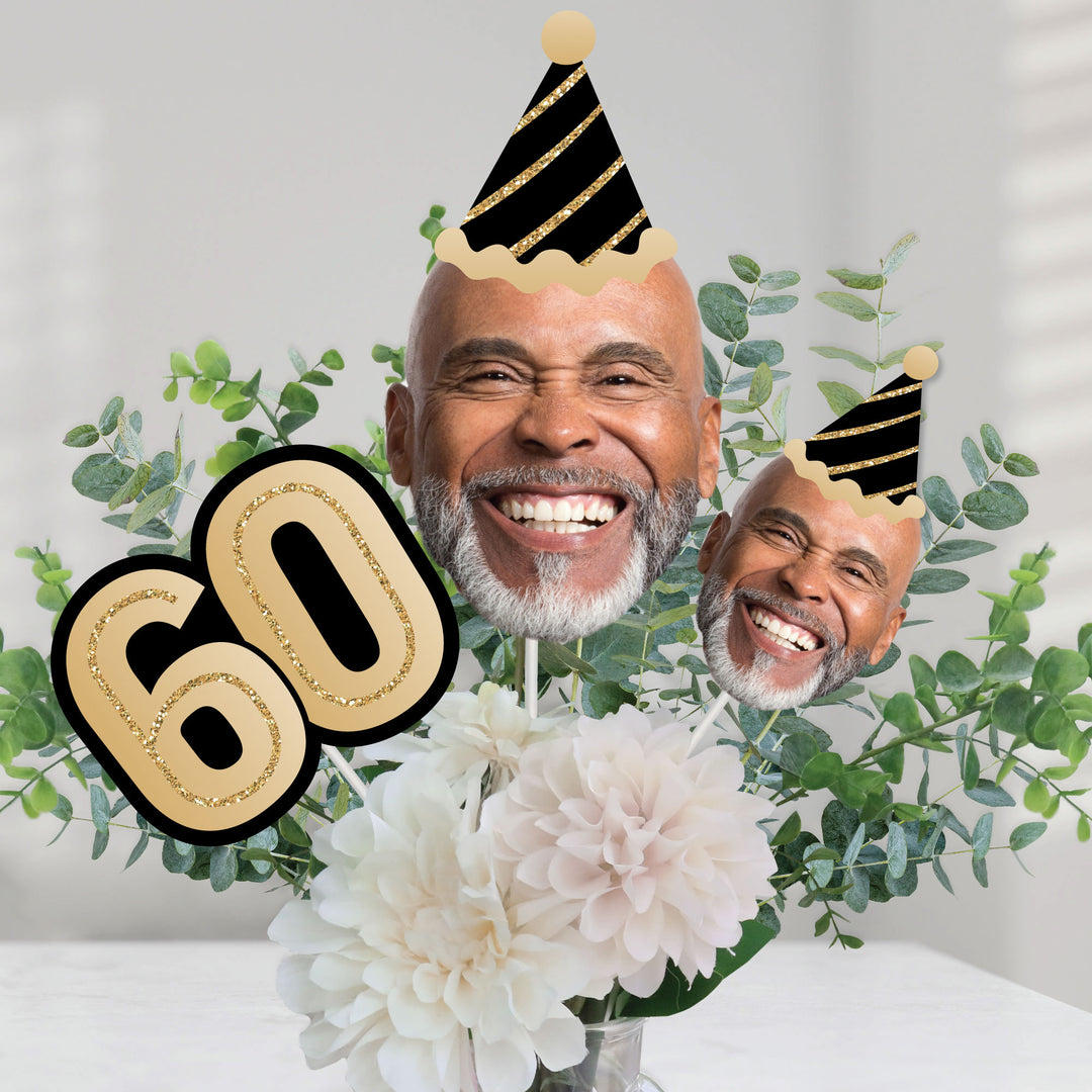 60th birthday dining table decorated with custom face centerpieces