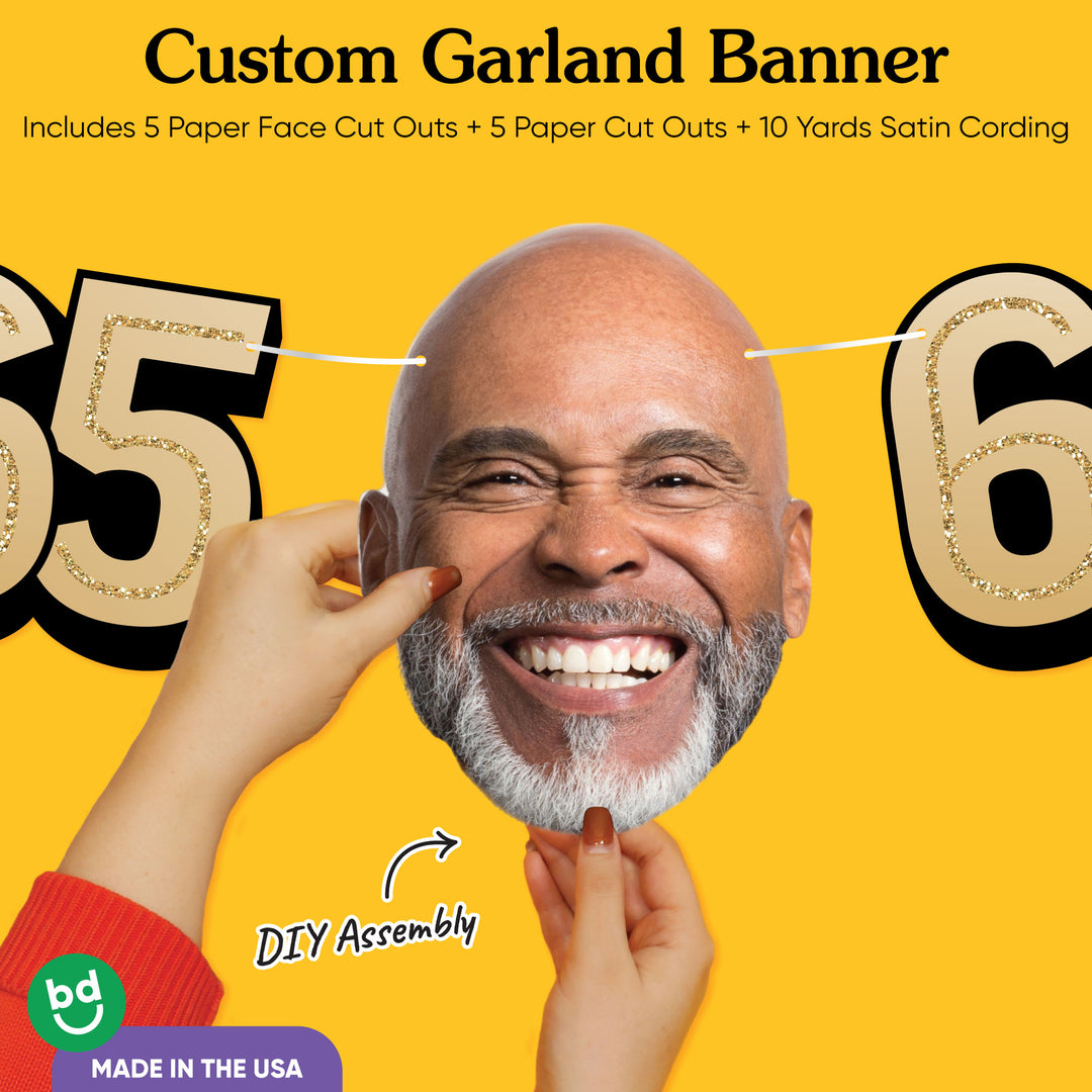 Cardstock finish and satin string on 65th birthday face banner