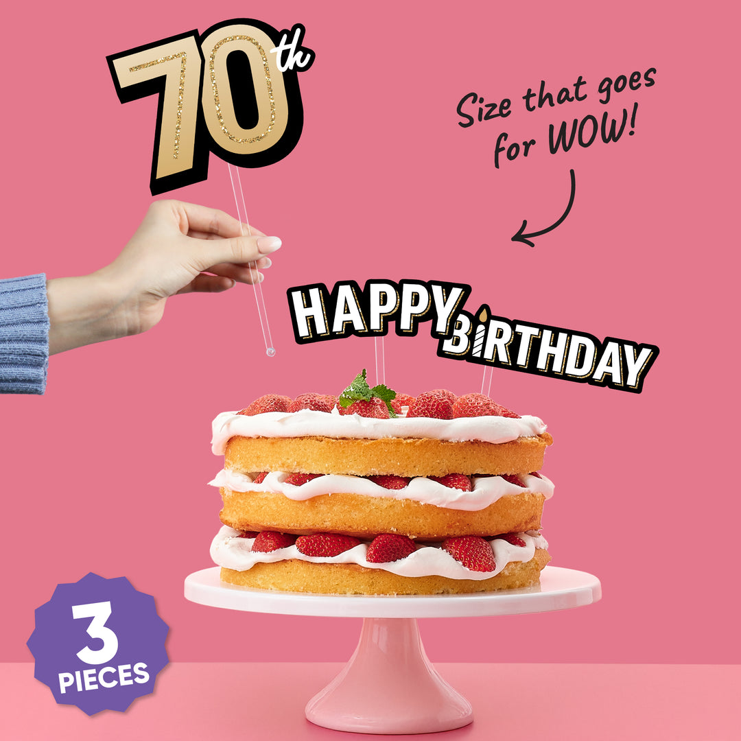 Three-piece 70th birthday cake topper set shown together