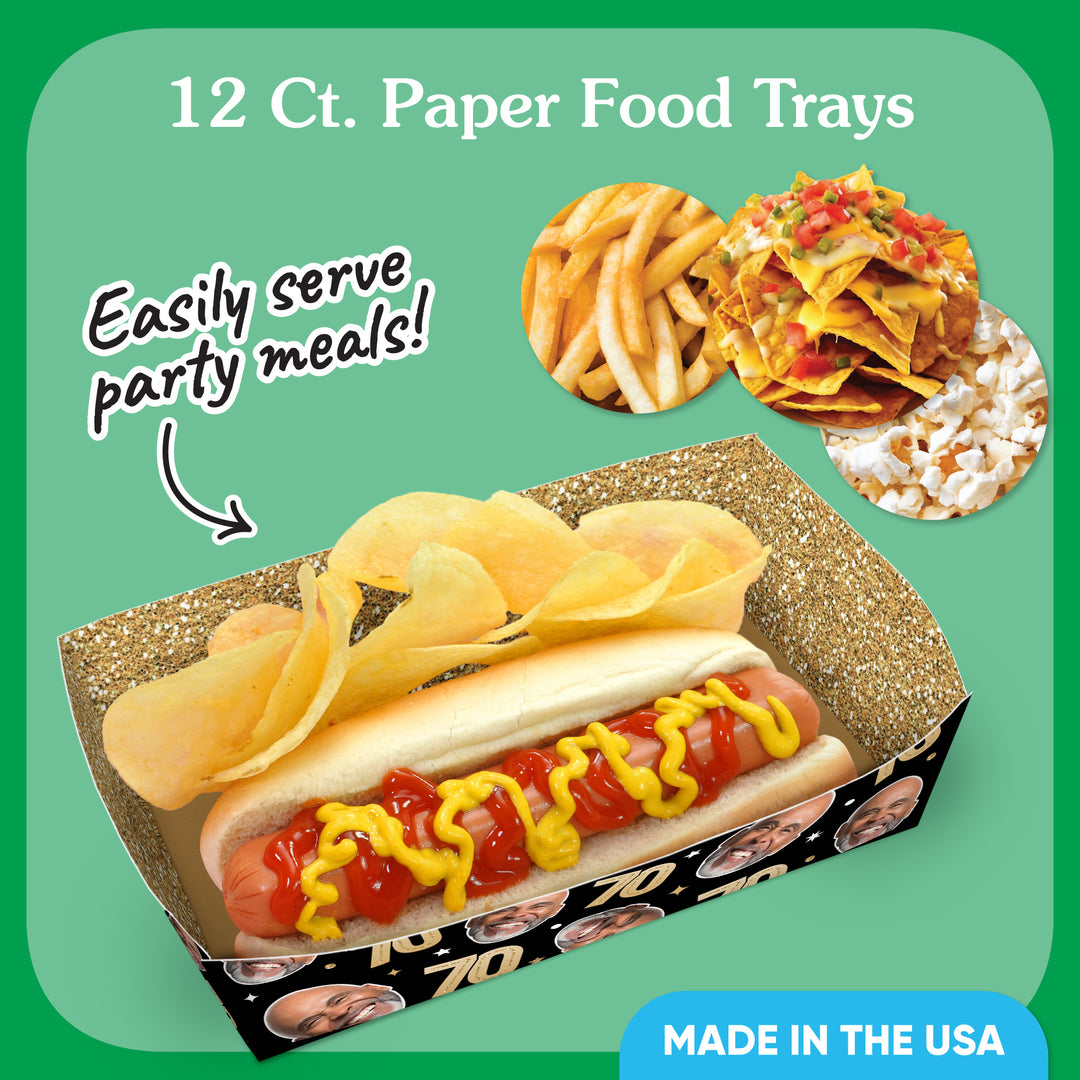 Custom Face 70th Birthday Paper Food Trays - 12 Ct