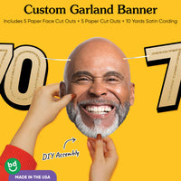 Cardstock finish and satin string on 70th birthday face banner