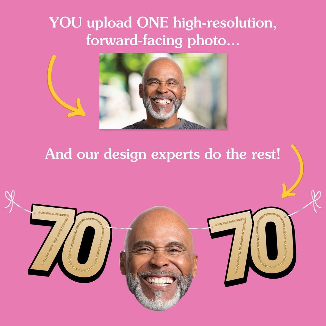 Upload one photo for custom 70th birthday fun face banner