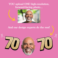 Upload one photo for custom 70th birthday fun face banner