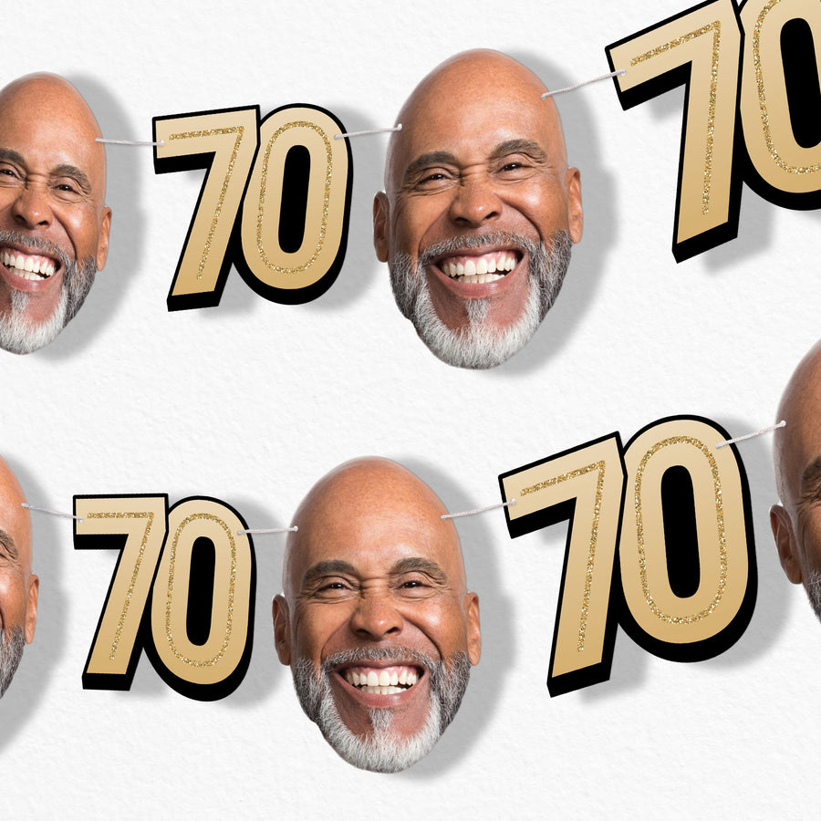 Gold 70th birthday fun face garland banner