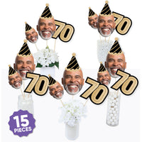 5 large and 5 small face cutouts plus 5 black and gold 70 numbers
