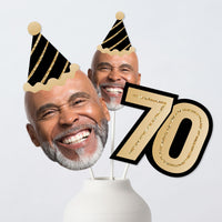 Custom 70th birthday fun face table toppers with gold party hats