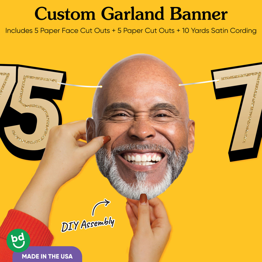 Cardstock finish and satin string on 75th birthday face banner