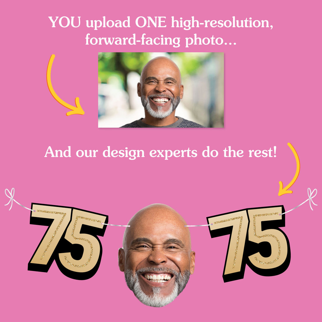 Upload one photo for custom 75th birthday fun face banner