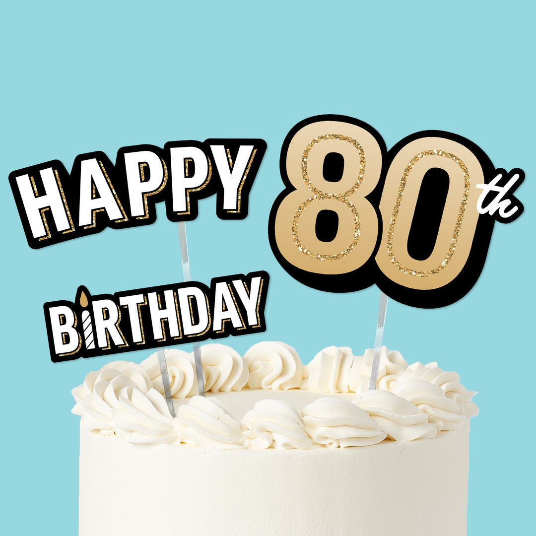 80th birthday cake topper set black and gold, main product image
