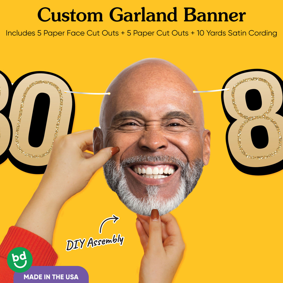Cardstock finish and satin string on 80th birthday face banner