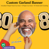 Cardstock finish and satin string on 80th birthday face banner