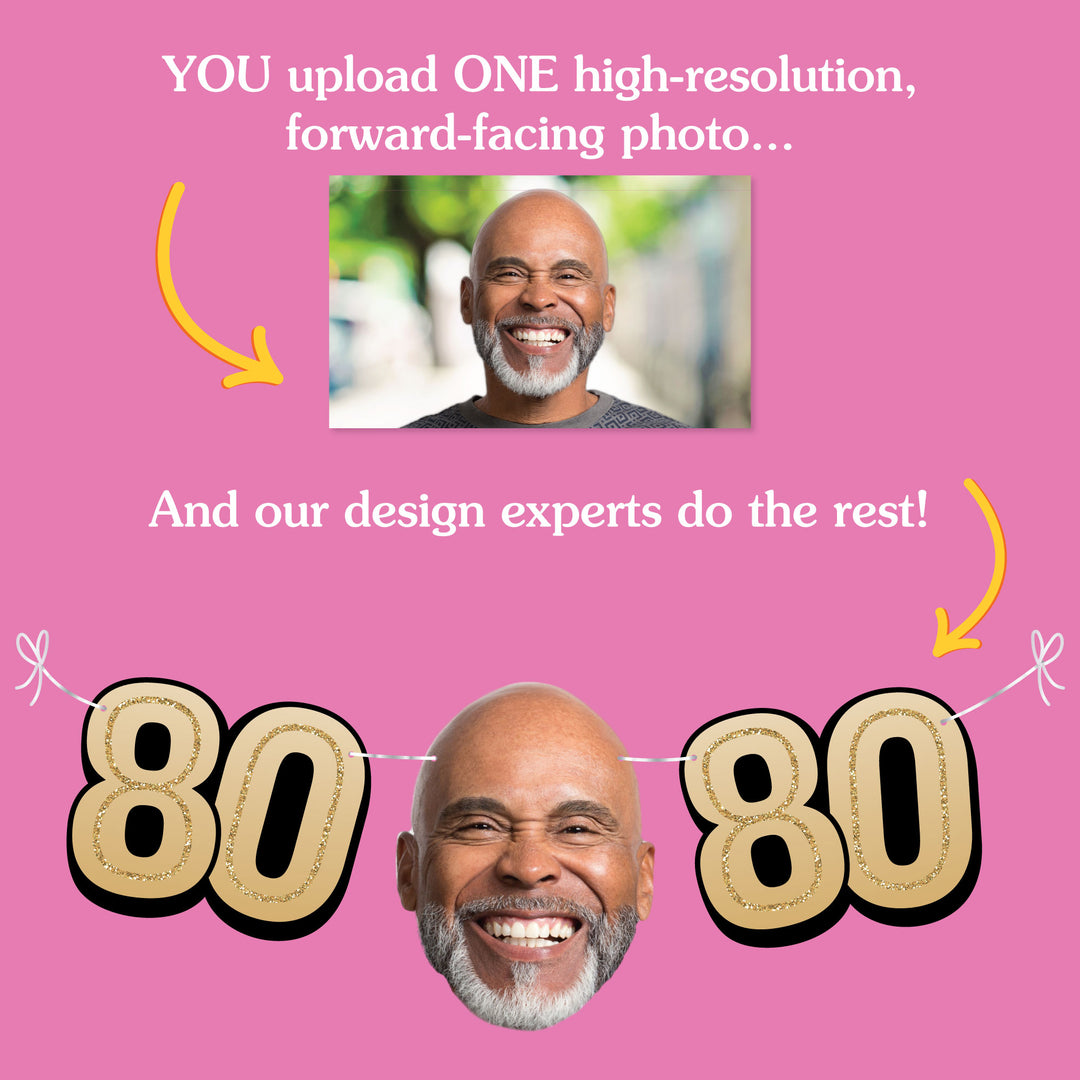 Upload one photo for custom 80th birthday fun face banner
