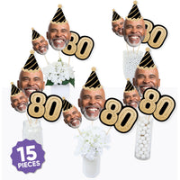 Included 5 large faces, 5 small faces, and 5 black and gold 80 numbers