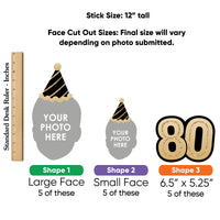 Back view of 80th birthday cardstock face topper with stick