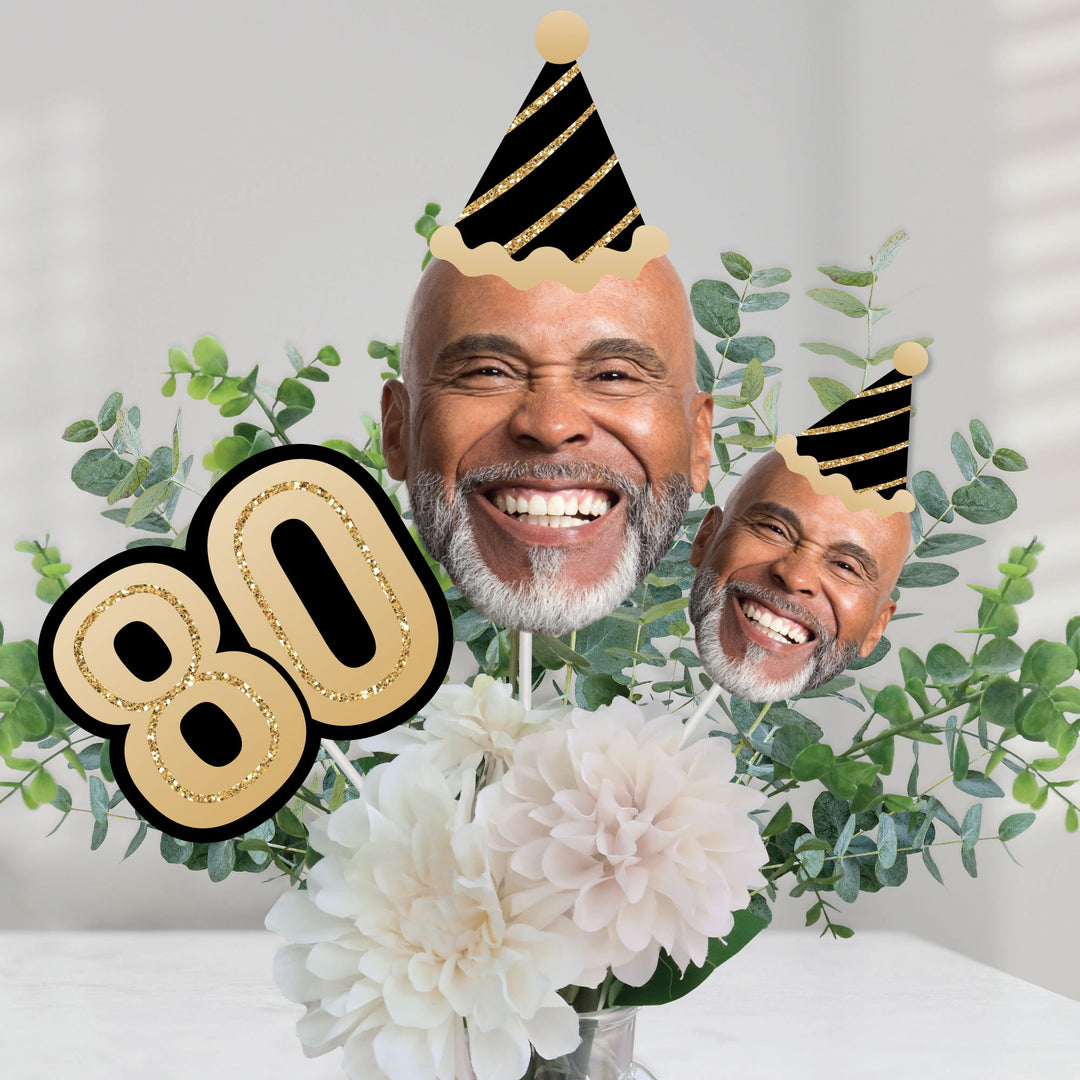 80th birthday party table featuring custom face table toppers