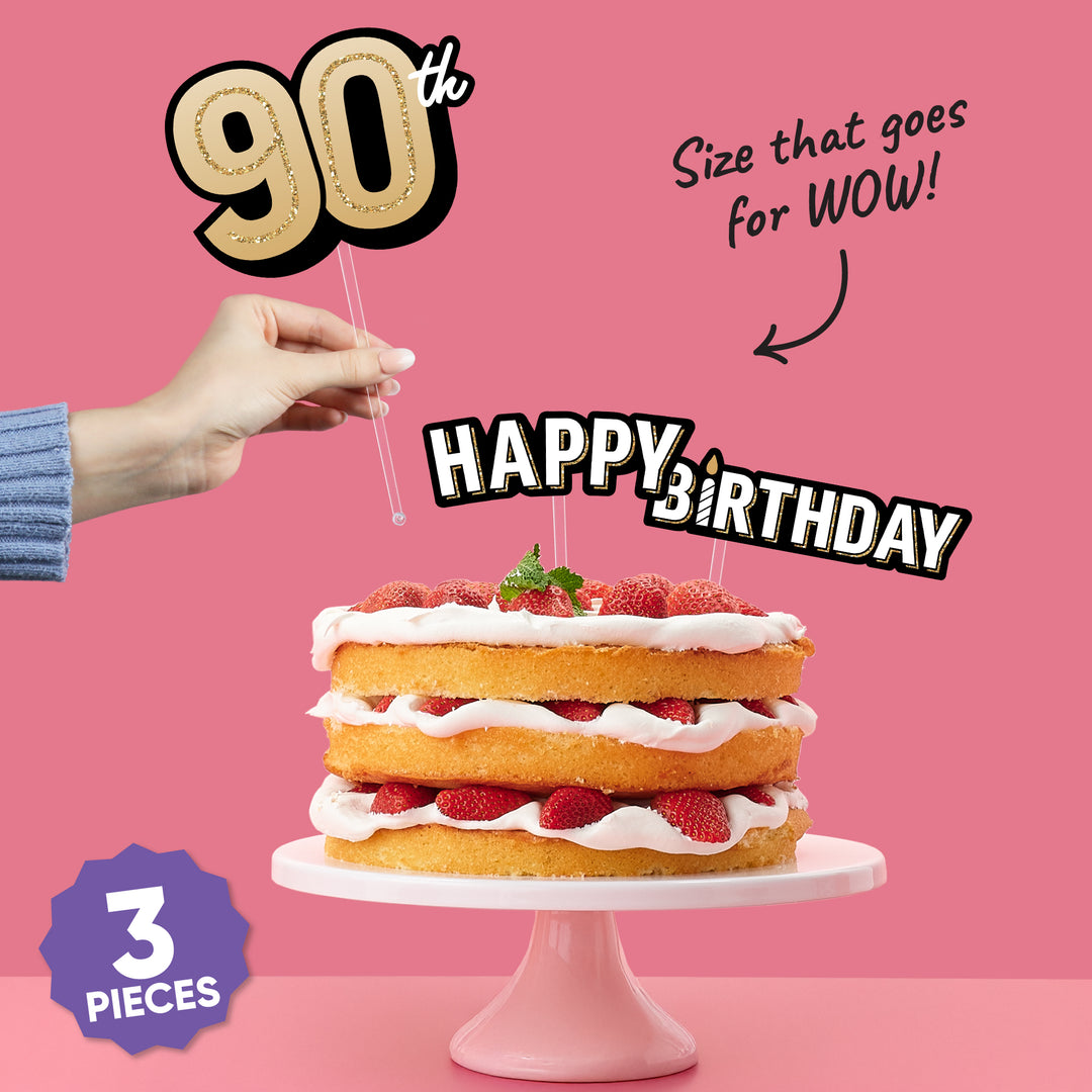 Three-piece 90th birthday cake topper set shown