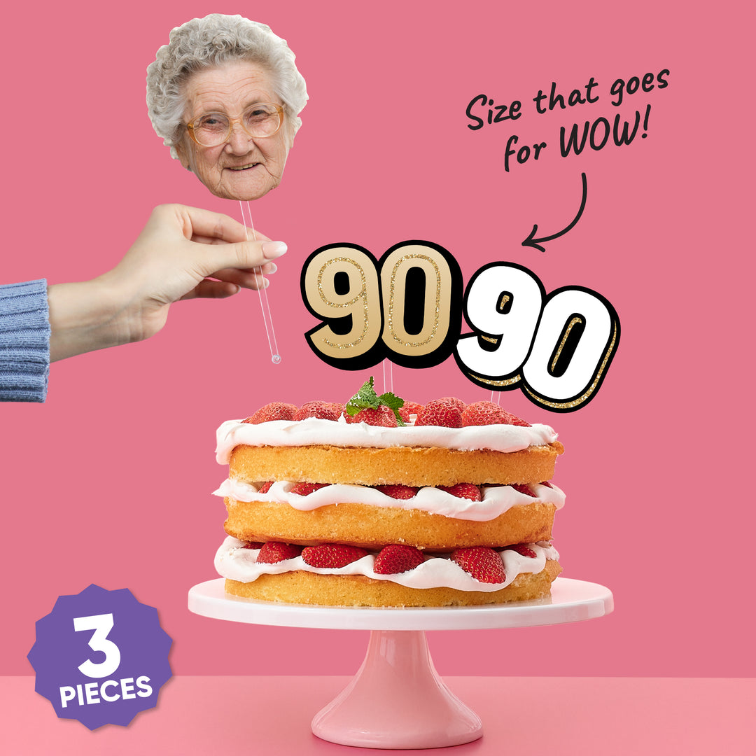 Gold 90th birthday topper front design close-up