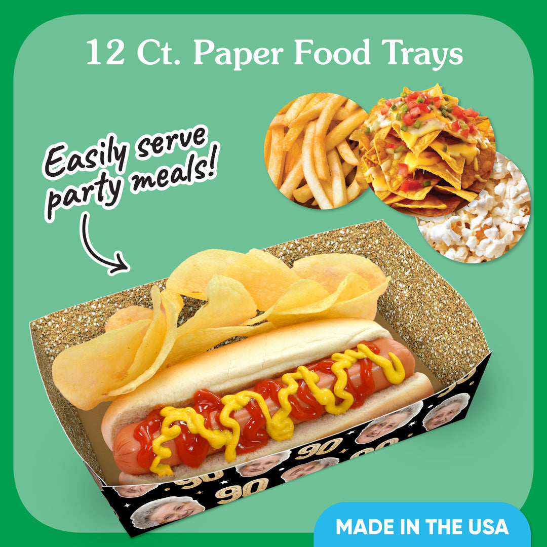 Custom Face 90th Birthday Paper Food Trays - 12 Ct