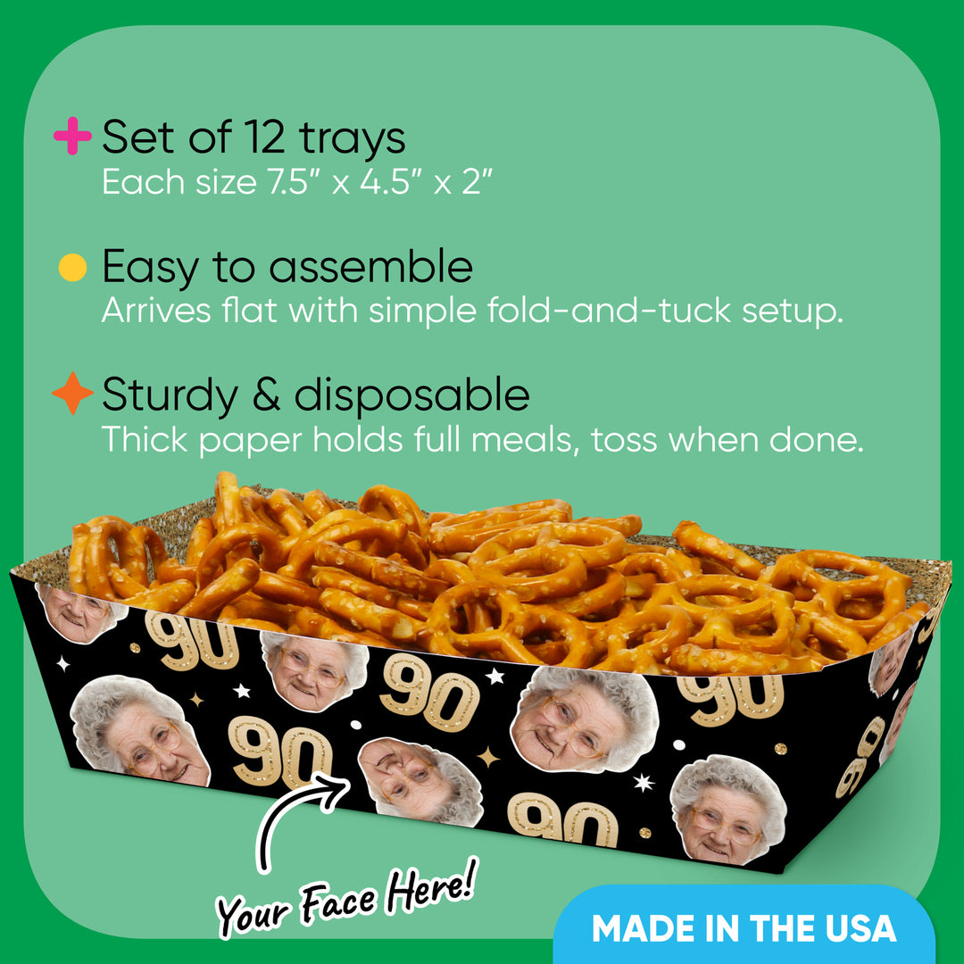Custom Face 90th Birthday Paper Food Trays - 12 Ct