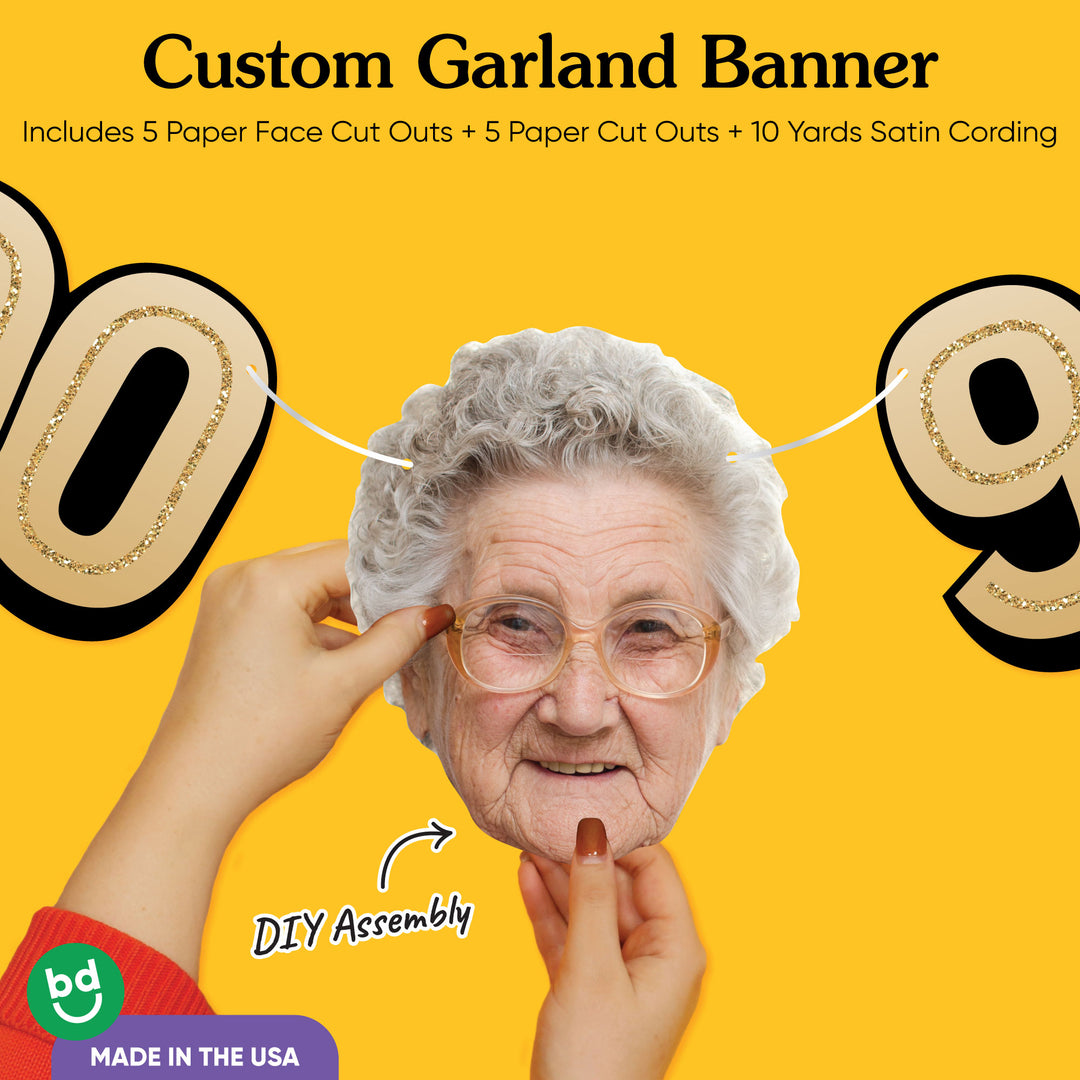 Cardstock finish and satin string on 90th birthday face banner