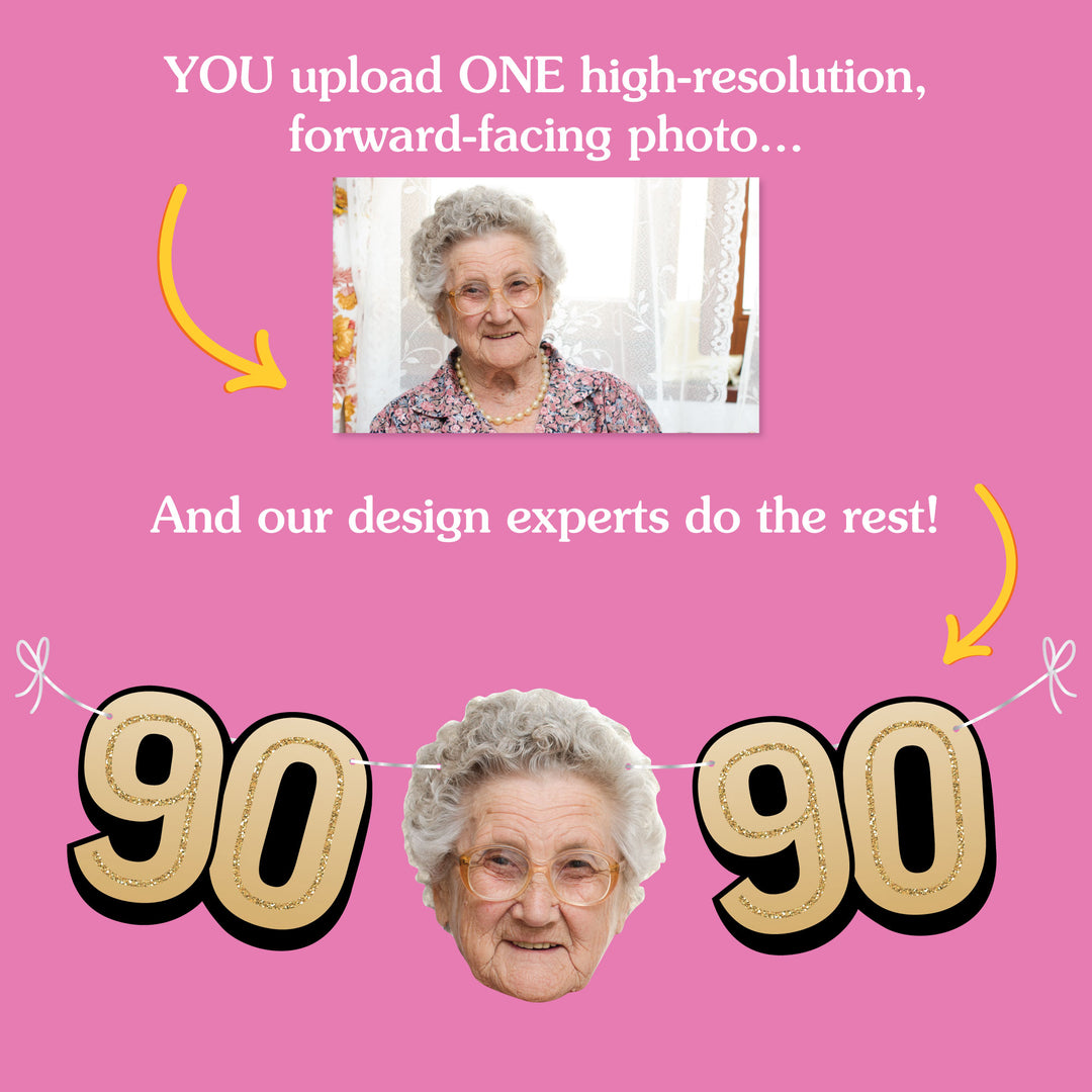 Upload one photo for custom 90th birthday fun face banner