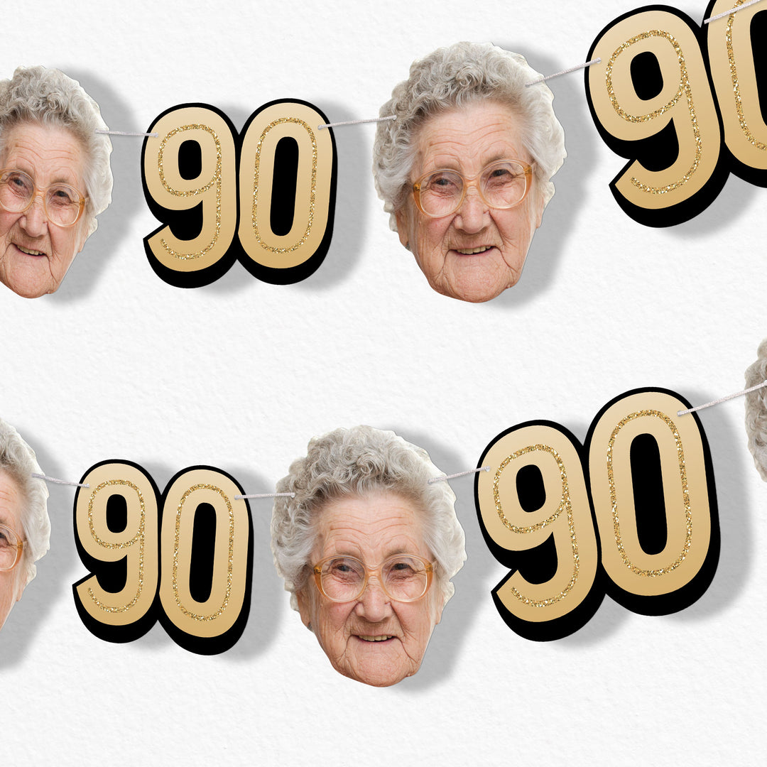Gold 90th birthday fun face garland banner
