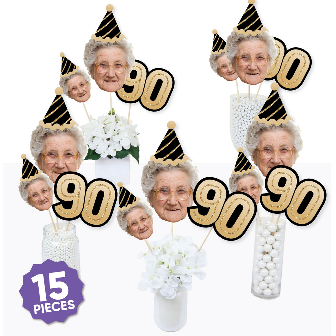 5 large faces, 5 small faces, and 5 black and gold 90 number shapes