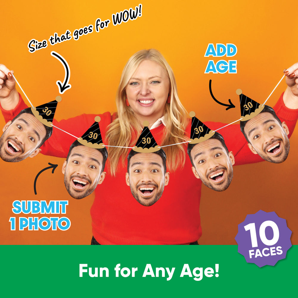 Custom Face Black & Gold Birthday Hat Garland Banner
