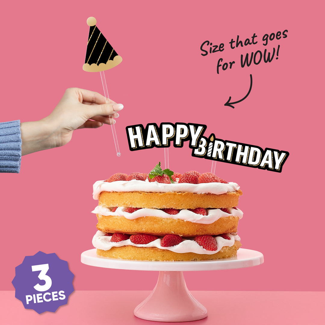 Three-piece Happy Birthday cake topper set included