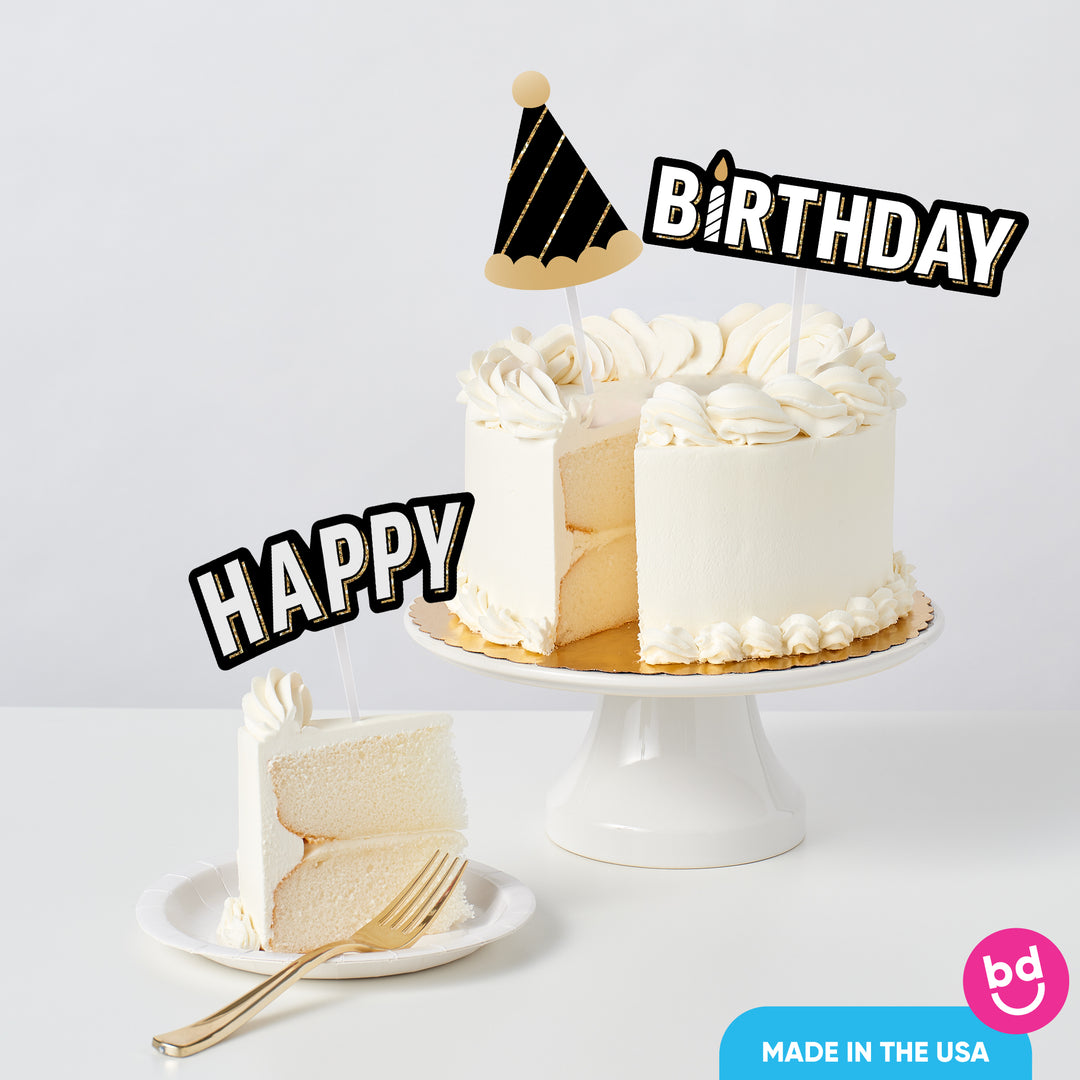 Adult birthday cake styled with black and gold toppers