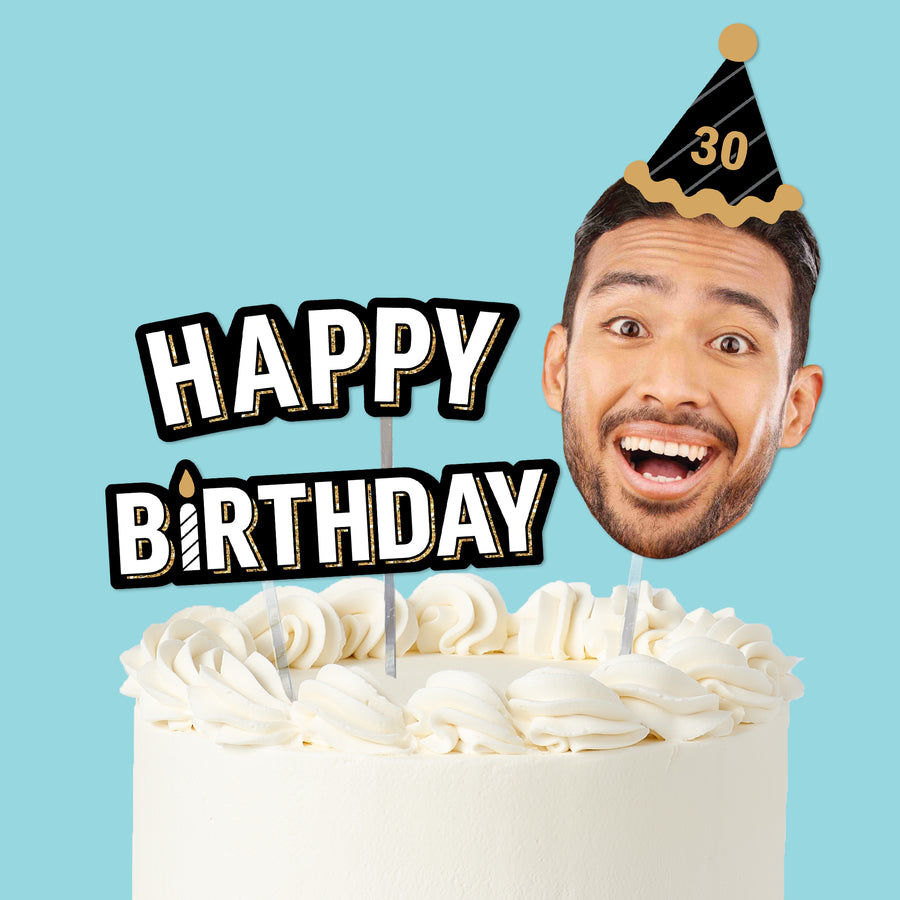 Happy Birthday cake topper set black and gold, main product image