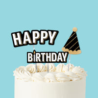 Happy Birthday cake topper set black and gold, main product image