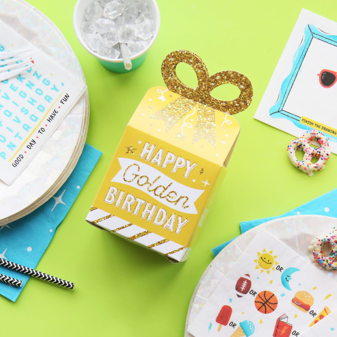 Golden Birthday - Square Favor Gift Boxes - Happy Birthday Party Bow Boxes - Set of 12