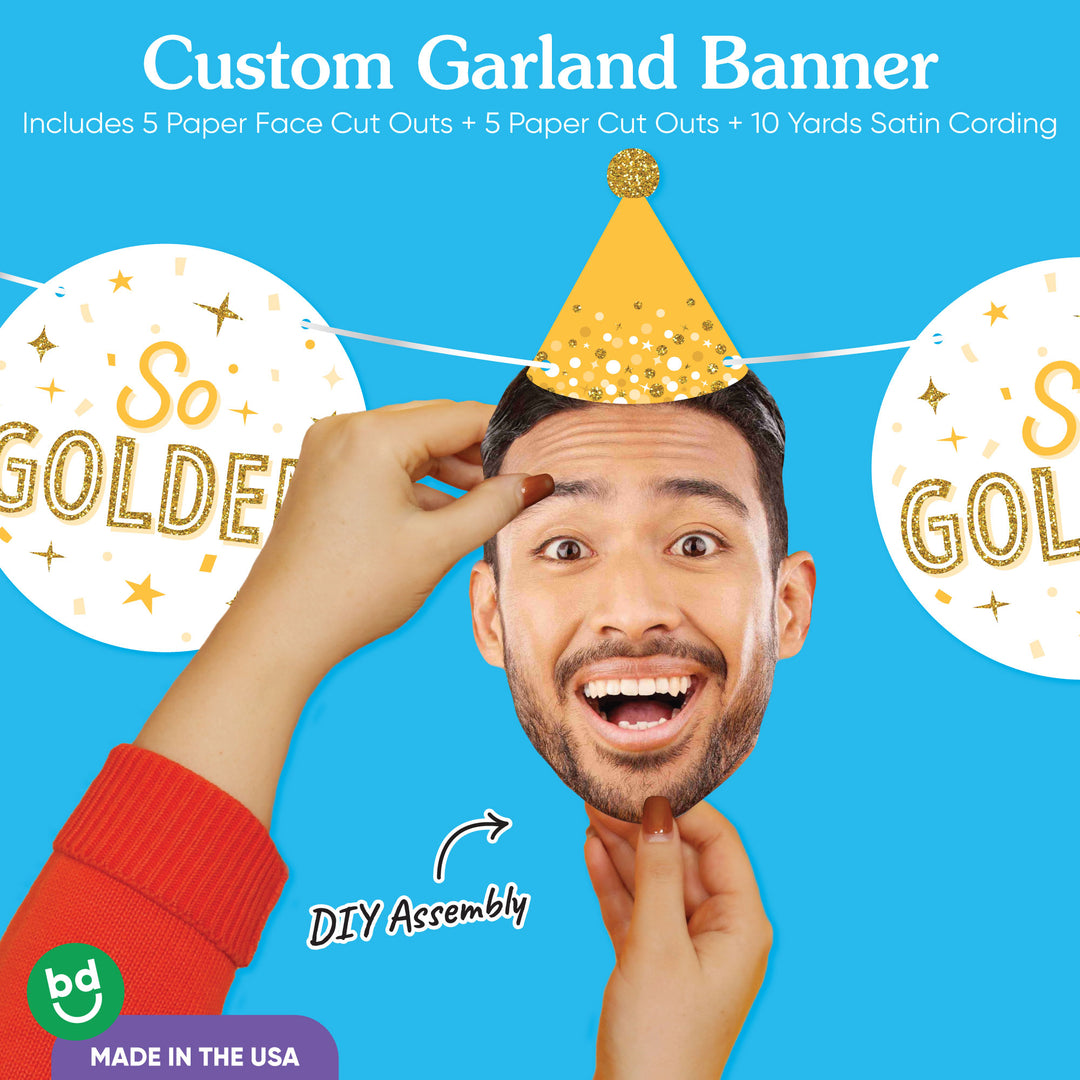 Golden Birthday personalized fun face banner with satin cording