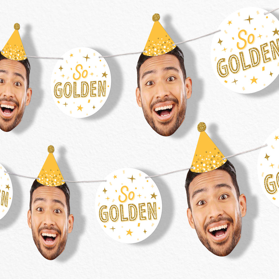 Personalized Golden Birthday fun face garland banner with photo cutouts