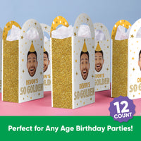 Custom Face Golden Birthday Paper Favor Bags - 12 Ct