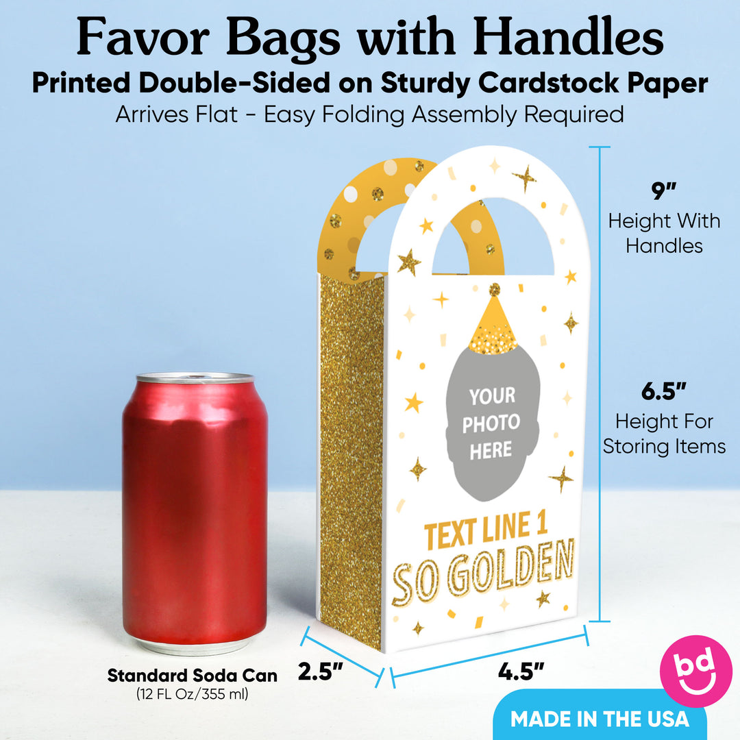 Custom Face Golden Birthday Paper Favor Bags - 12 Ct
