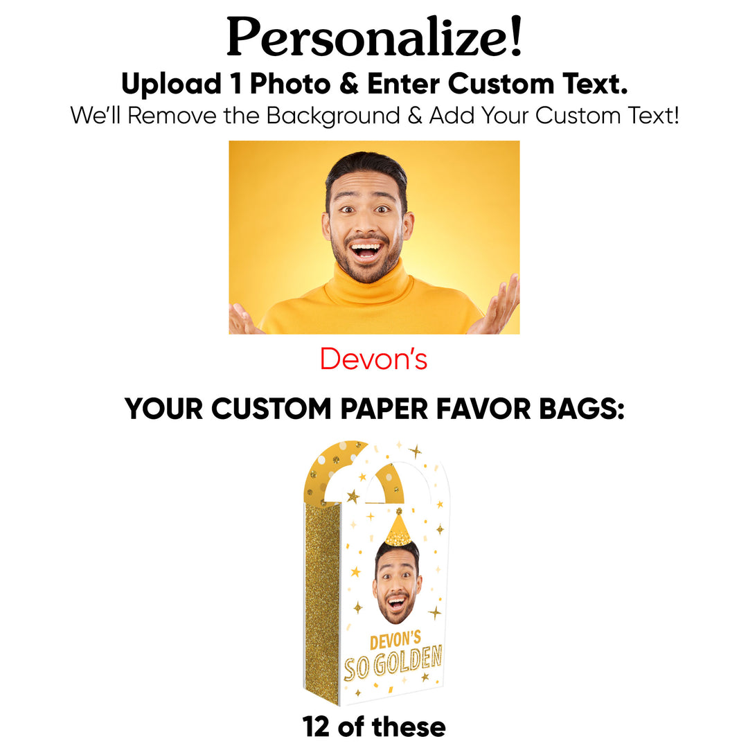 Custom Face Golden Birthday Paper Favor Bags - 12 Ct