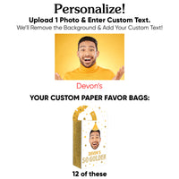Custom Face Golden Birthday Paper Favor Bags - 12 Ct