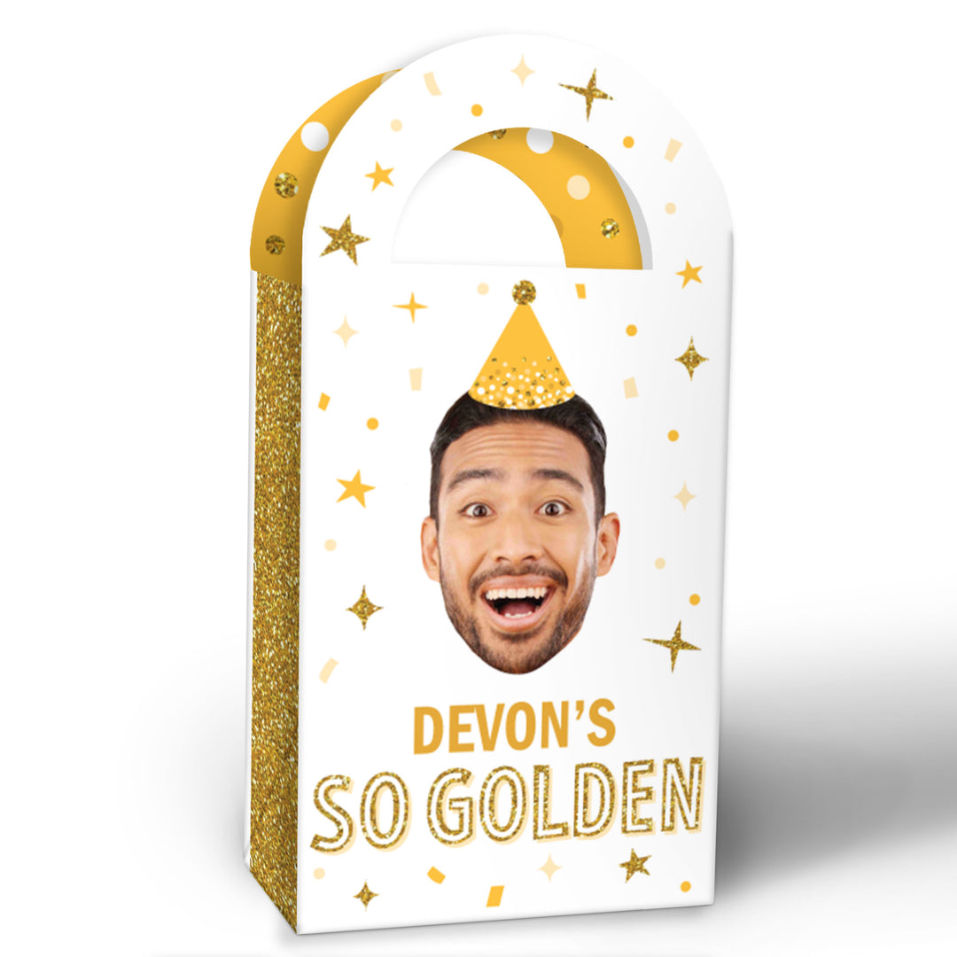 Custom Face Golden Birthday Paper Favor Bags - 12 Ct
