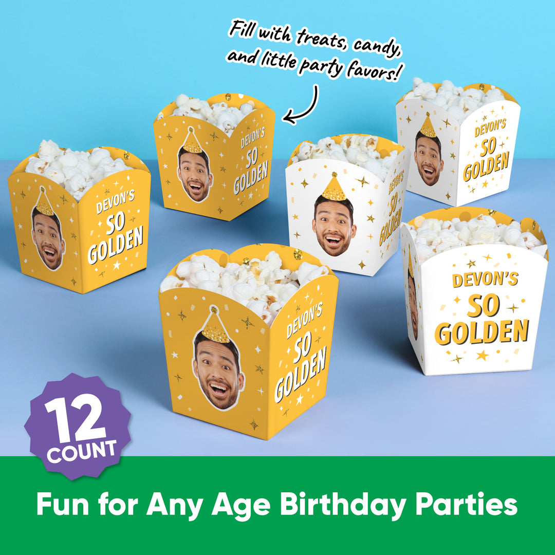 Custom Face Golden Birthday Treat Boxes - 12 Ct