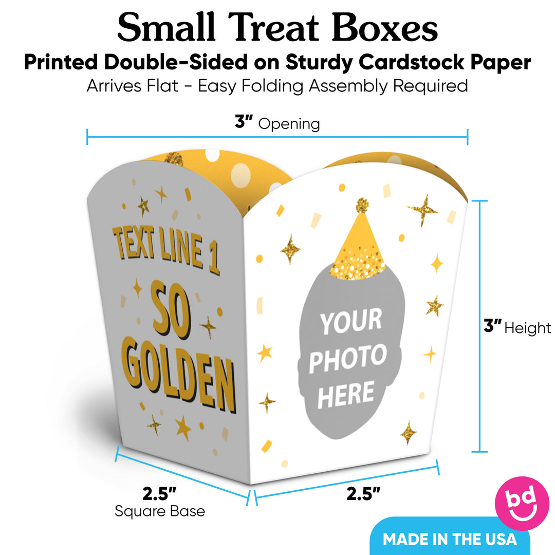 Custom Face Golden Birthday Treat Boxes - 12 Ct